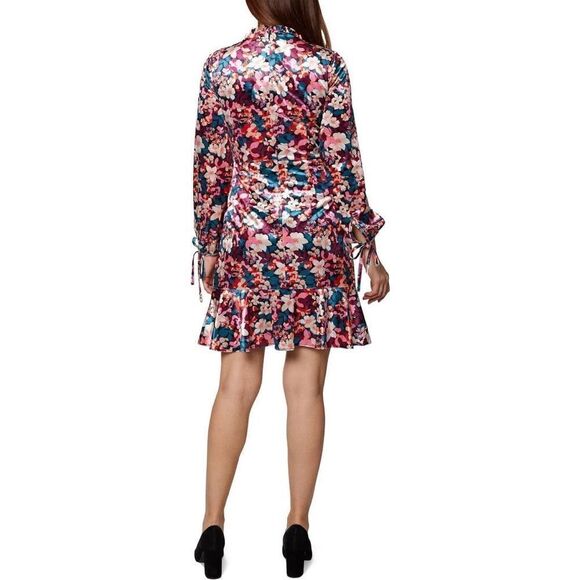 Bcbgeneration Velvet Floral Print Ruffle Trim Colorful Mini Dress - Picture 2 of 8